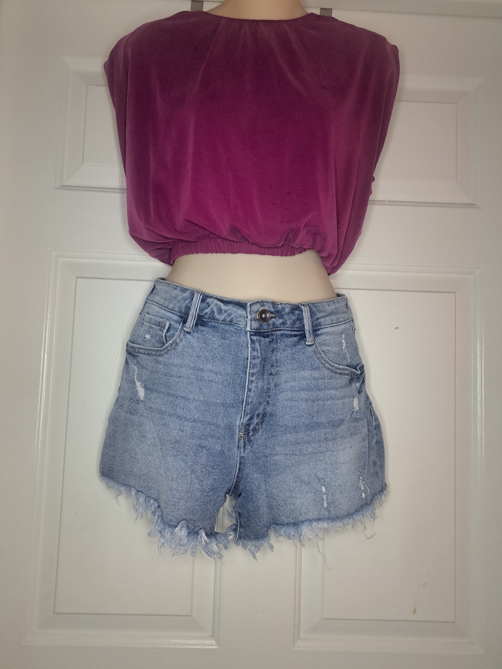 Express velvet crop top and Rewashdenim shorts set